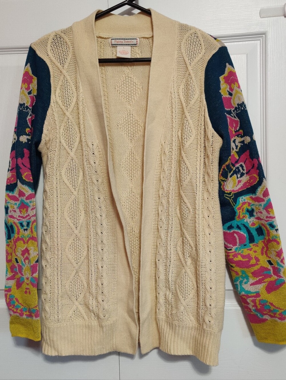 Flying Tomato Open Cardigan Women's L Ivory Cable Knit Floral Purple Green Top